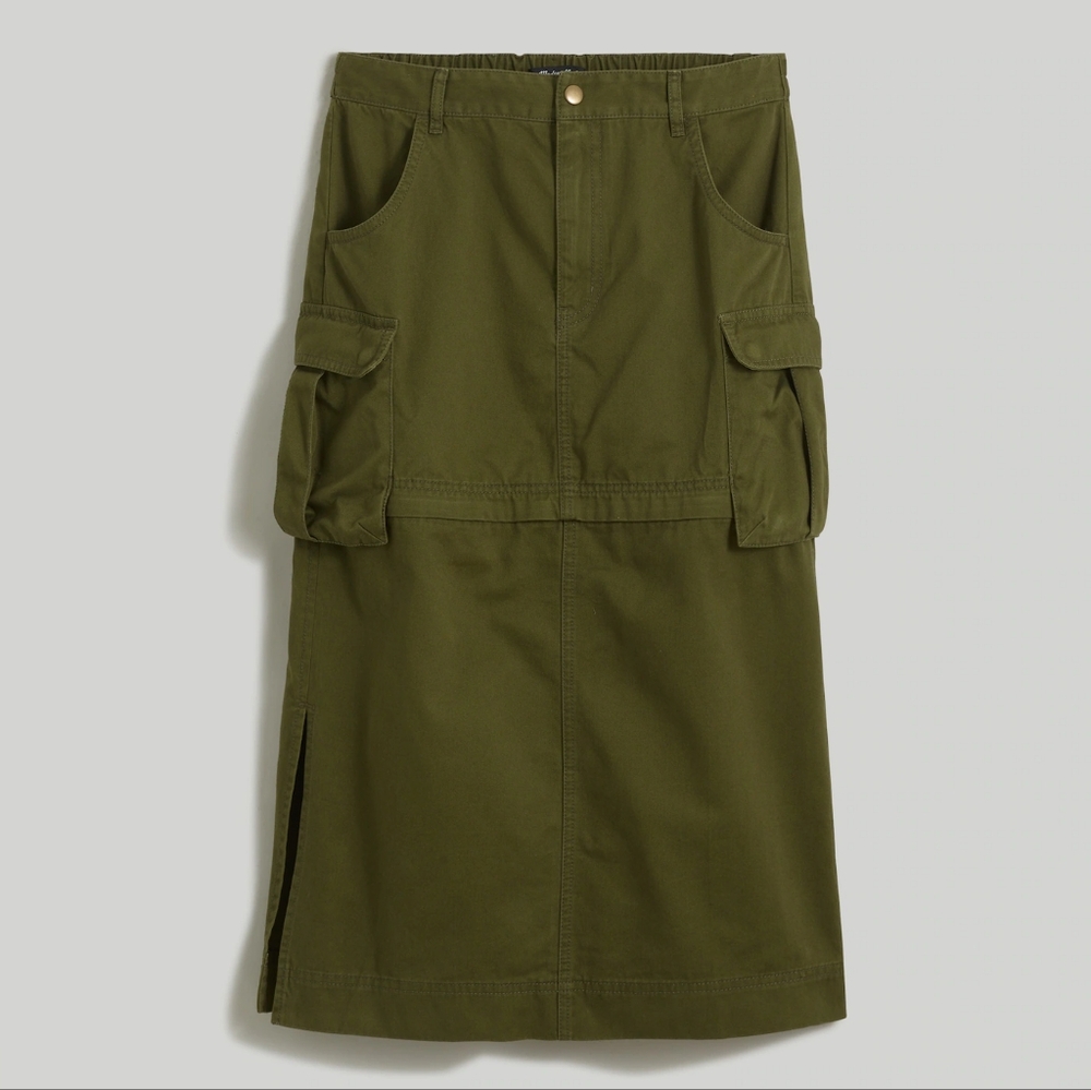 Madewell Cotton Cargo Convertible Midi Skirt in (Re)generative Chino In Loden XL